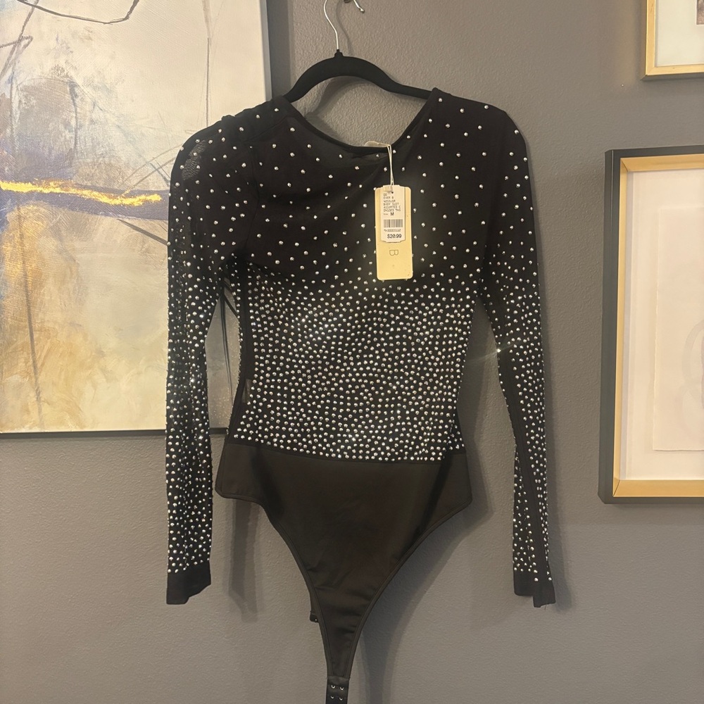 EVER B Black Rhinestone Mesh Long Sleeve Bodysuit – Size M